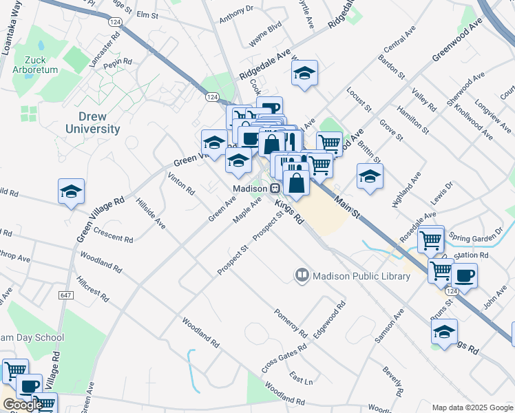 map of restaurants, bars, coffee shops, grocery stores, and more near 11 Maple Avenue in Madison