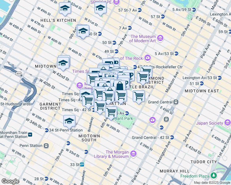map of restaurants, bars, coffee shops, grocery stores, and more near 130 West 44th Street in New York