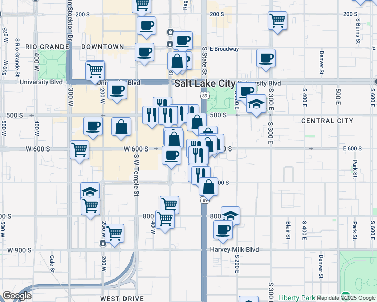 map of restaurants, bars, coffee shops, grocery stores, and more near 44 East 600 South in Salt Lake City