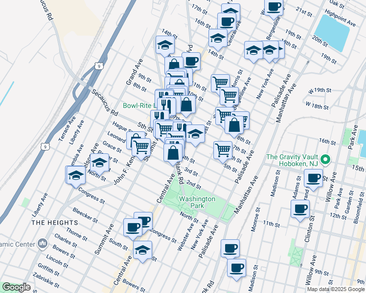 map of restaurants, bars, coffee shops, grocery stores, and more near 500 Central Avenue in Union City
