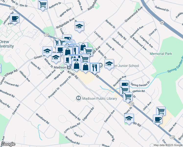 map of restaurants, bars, coffee shops, grocery stores, and more near 119 Main Street in Madison