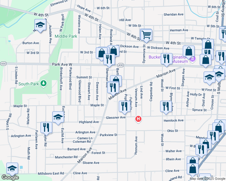 map of restaurants, bars, coffee shops, grocery stores, and more near 86 Bartley Ave in Mansfield