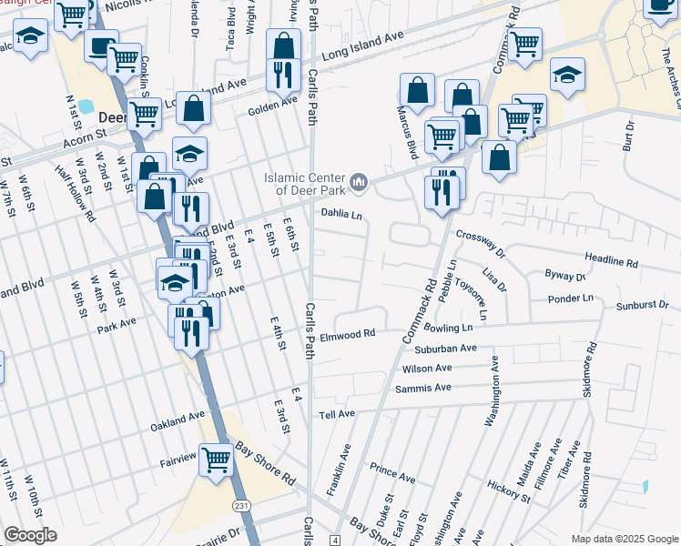 map of restaurants, bars, coffee shops, grocery stores, and more near 305 Carlls Path in Deer Park
