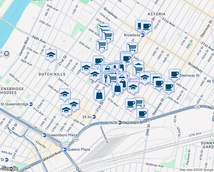 map of restaurants, bars, coffee shops, grocery stores, and more near in Queens