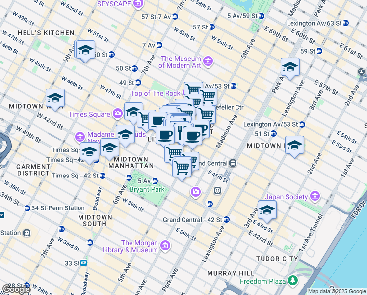 map of restaurants, bars, coffee shops, grocery stores, and more near 21 West 46th Street in New York