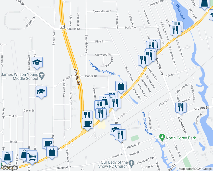 map of restaurants, bars, coffee shops, grocery stores, and more near 43 Bell Avenue in Blue Point