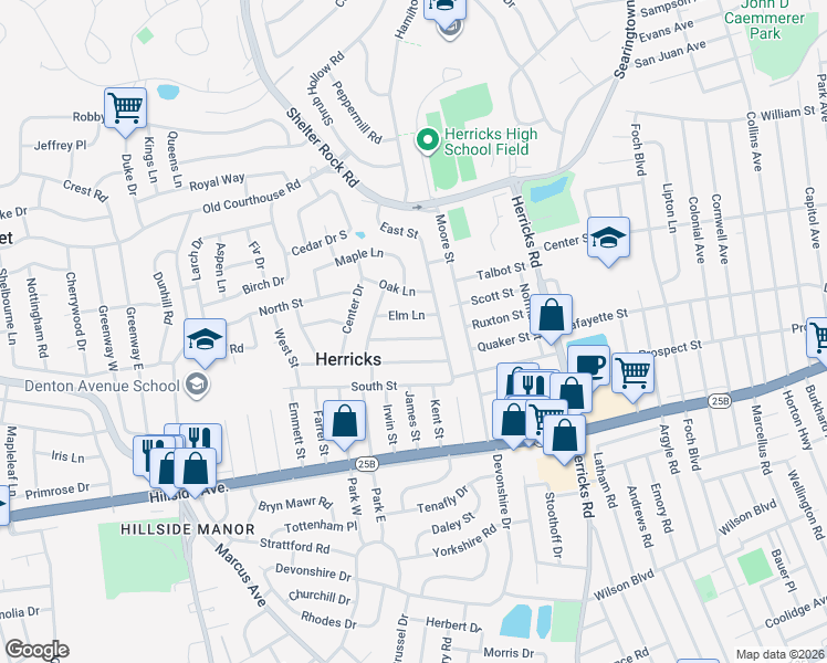 map of restaurants, bars, coffee shops, grocery stores, and more near 110 Elm Lane in New Hyde Park