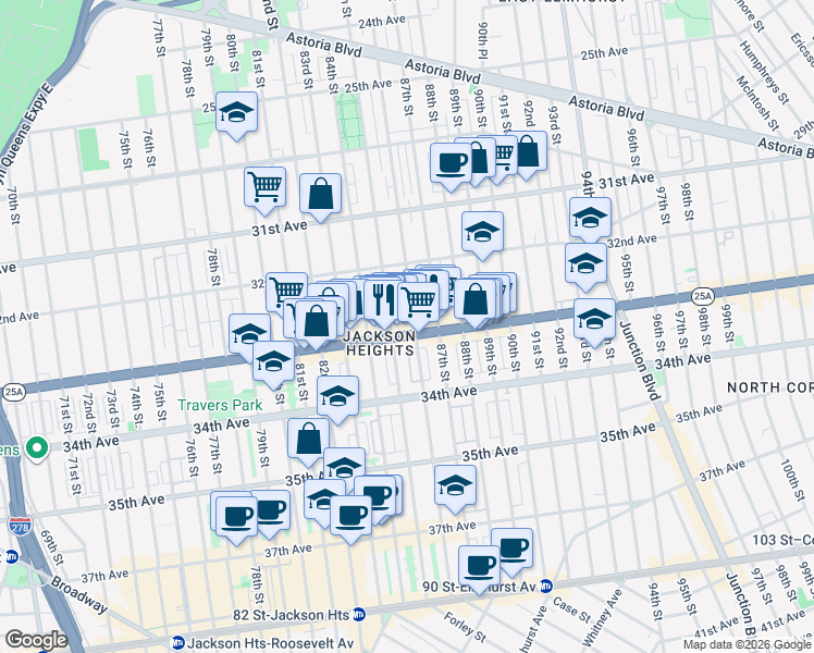 map of restaurants, bars, coffee shops, grocery stores, and more near 32-51 85th Street in Queens