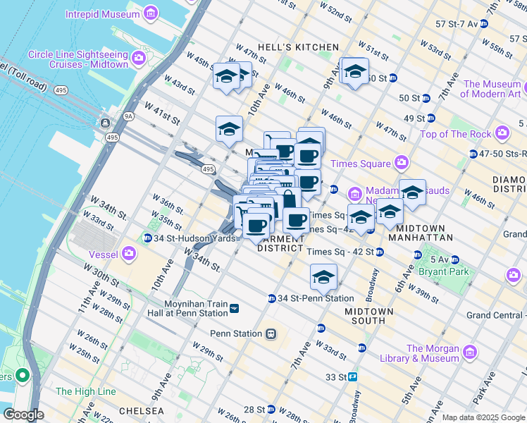 map of restaurants, bars, coffee shops, grocery stores, and more near 510 9th Avenue in New York