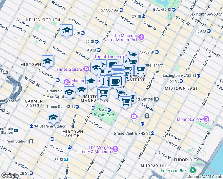 map of restaurants, bars, coffee shops, grocery stores, and more near 1166 6th Avenue in New York