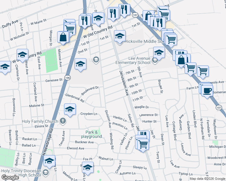 map of restaurants, bars, coffee shops, grocery stores, and more near 211 8th Street in Hicksville