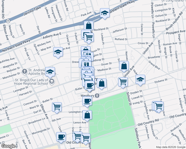 map of restaurants, bars, coffee shops, grocery stores, and more near 210 Post Avenue in Westbury