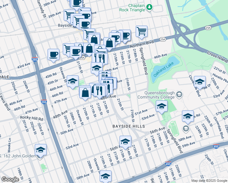 map of restaurants, bars, coffee shops, grocery stores, and more near 47-17 Bell Boulevard in Queens