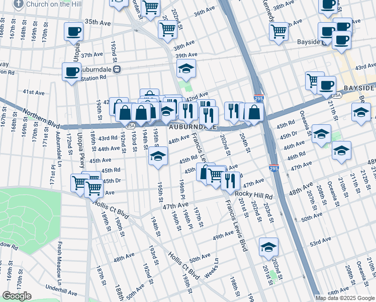 map of restaurants, bars, coffee shops, grocery stores, and more near 53 45th Avenue in Queens