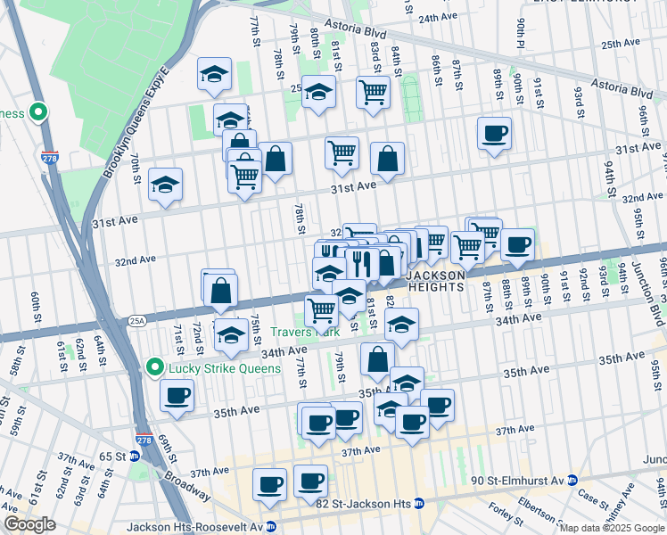 map of restaurants, bars, coffee shops, grocery stores, and more near 32-30 79th Street in Queens