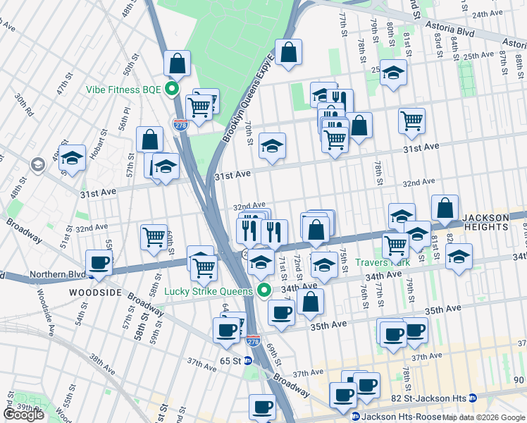 map of restaurants, bars, coffee shops, grocery stores, and more near 70-20 32nd Avenue in Queens