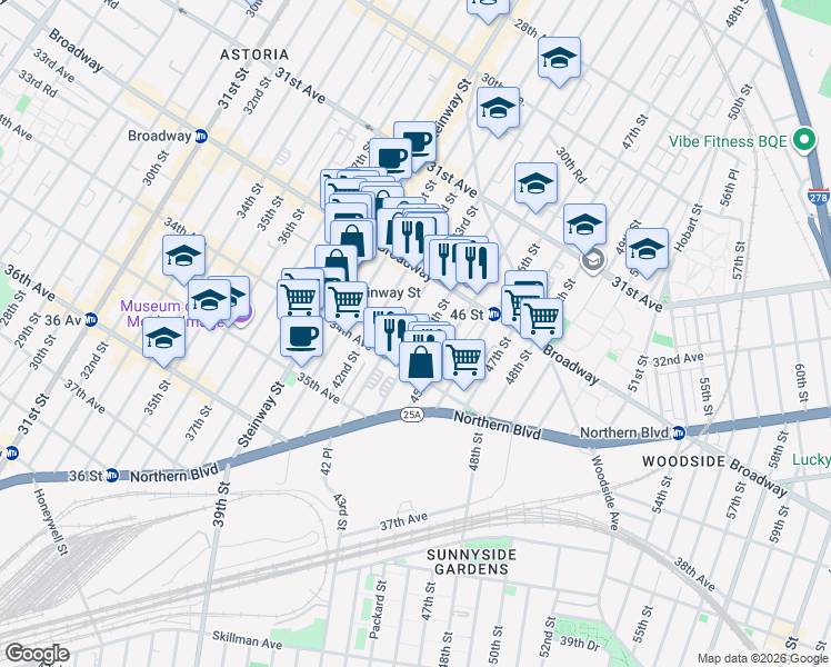map of restaurants, bars, coffee shops, grocery stores, and more near 32-44 44th Street in Queens