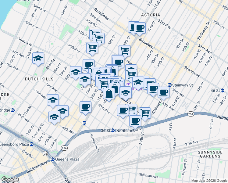map of restaurants, bars, coffee shops, grocery stores, and more near 35-54 32nd Street in Queens