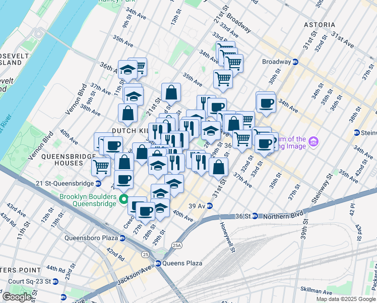 map of restaurants, bars, coffee shops, grocery stores, and more near 37-11 Crescent Street in Queens
