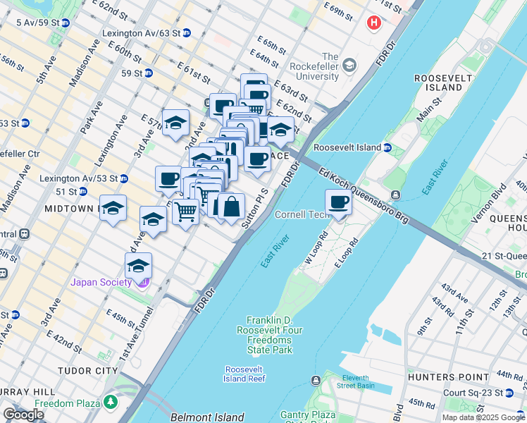 map of restaurants, bars, coffee shops, grocery stores, and more near 1 Sutton Place South in New York