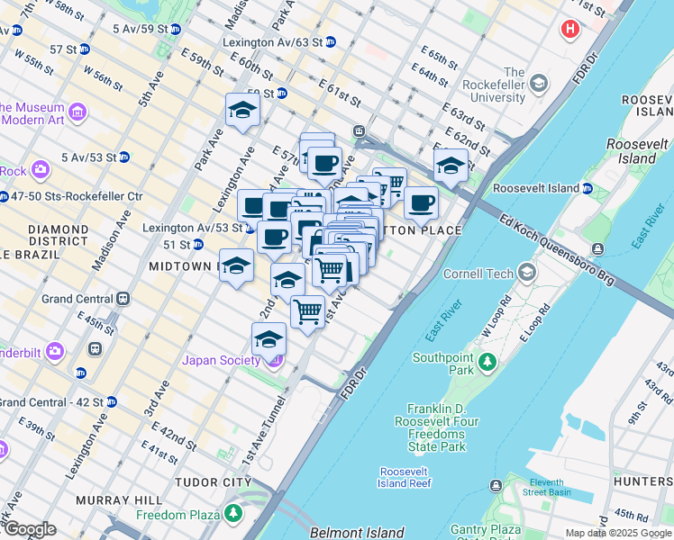 map of restaurants, bars, coffee shops, grocery stores, and more near 348 East 54th Street in New York
