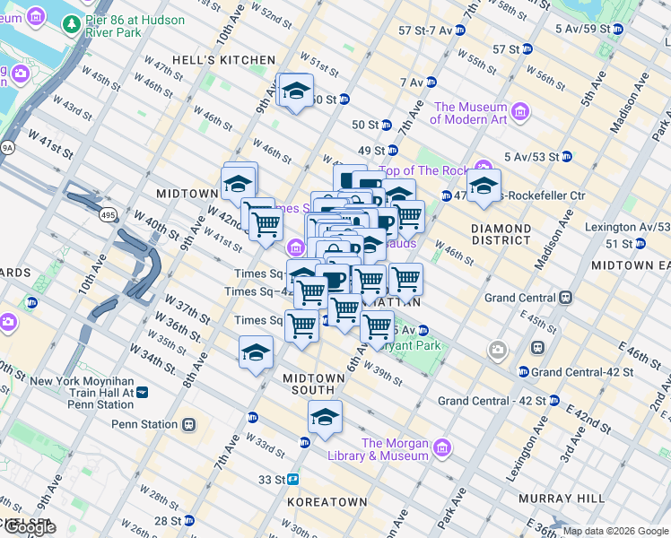 map of restaurants, bars, coffee shops, grocery stores, and more near 200 West 43rd Street in New York