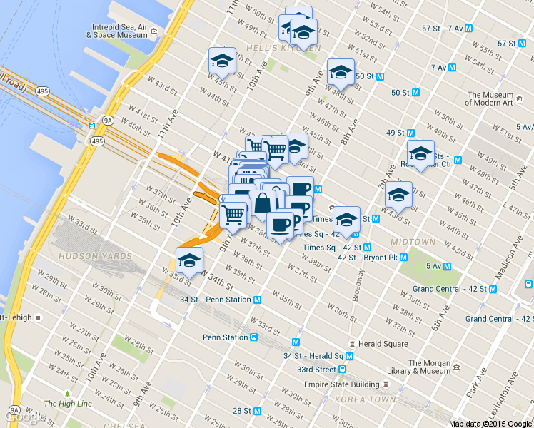 map of restaurants, bars, coffee shops, grocery stores, and more near 510 9th Avenue in New York