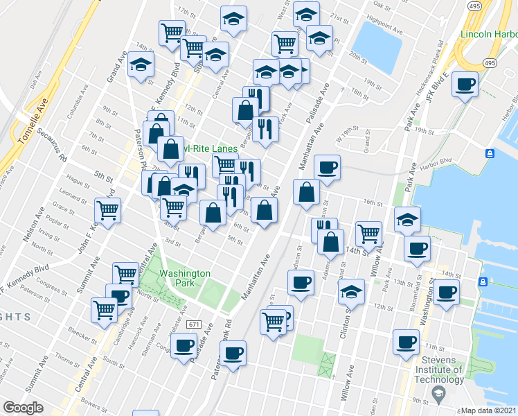 map of restaurants, bars, coffee shops, grocery stores, and more near 308 8th Street in Union City