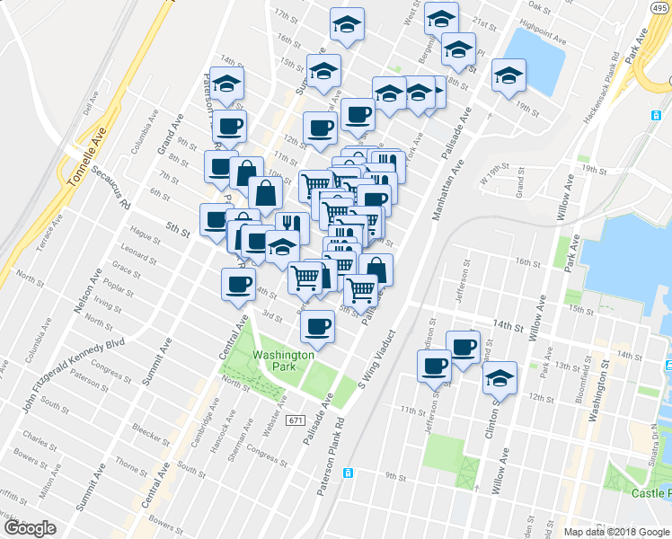 map of restaurants, bars, coffee shops, grocery stores, and more near 703 New York Avenue in Union City