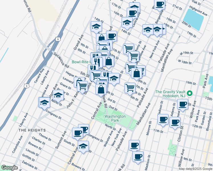 map of restaurants, bars, coffee shops, grocery stores, and more near 503 Central Avenue in Union City