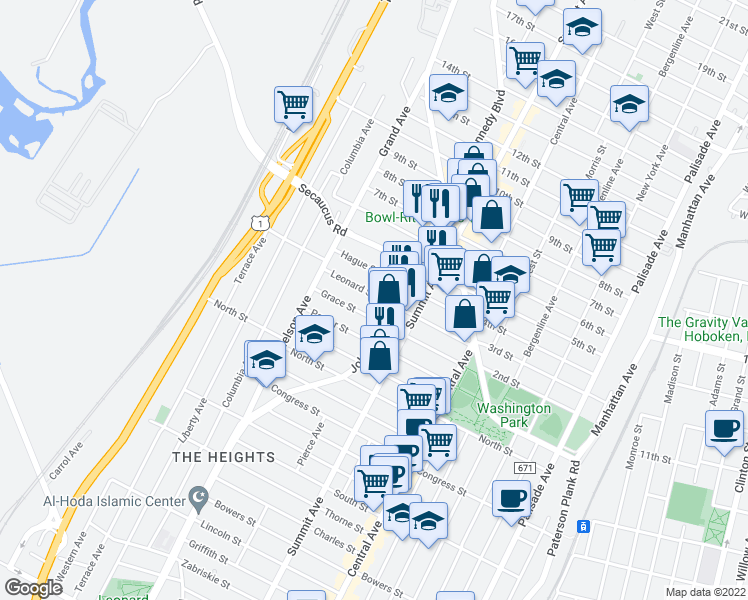 map of restaurants, bars, coffee shops, grocery stores, and more near 96 Leonard Street in Jersey City