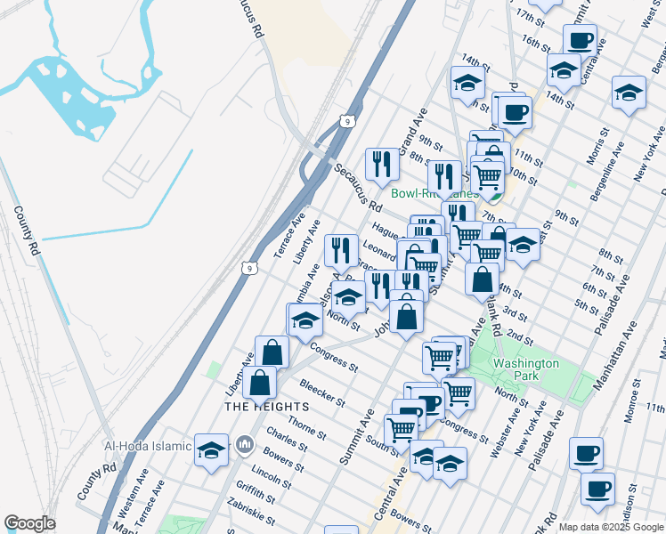 map of restaurants, bars, coffee shops, grocery stores, and more near 131 Nelson Avenue in Jersey City
