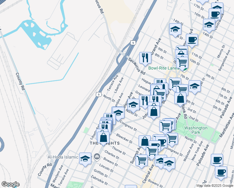 map of restaurants, bars, coffee shops, grocery stores, and more near 580 Liberty Avenue in Jersey City