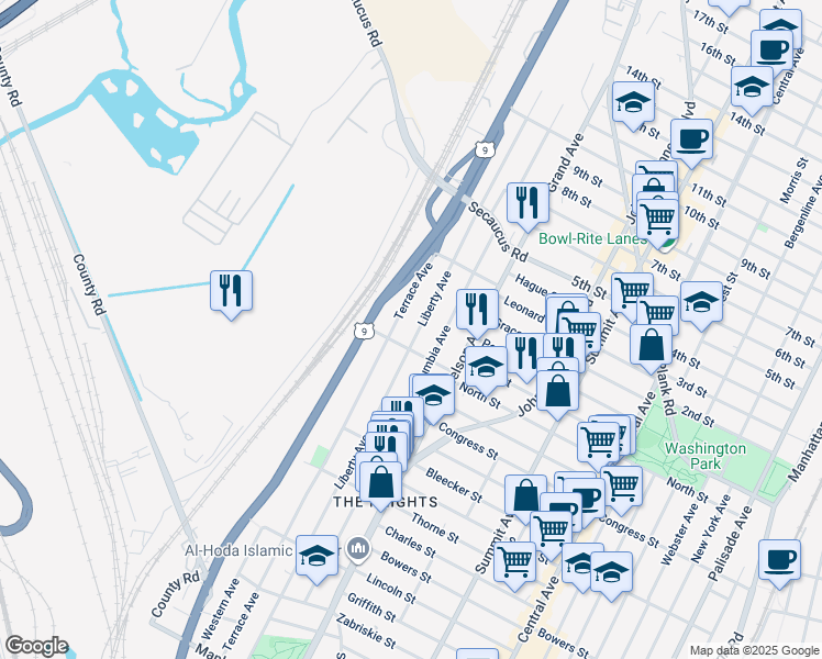 map of restaurants, bars, coffee shops, grocery stores, and more near 300 County Road 649 in Jersey City