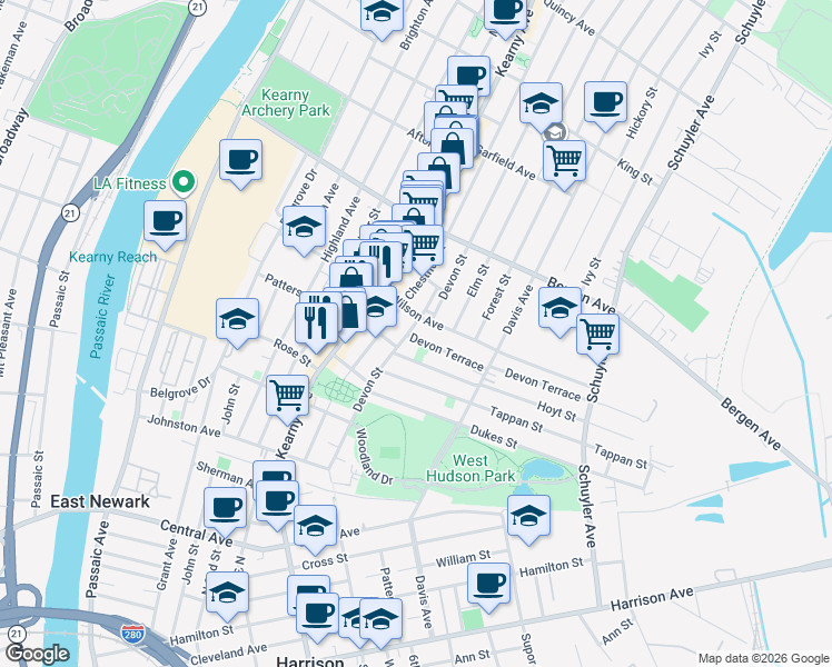 map of restaurants, bars, coffee shops, grocery stores, and more near 139 Devon Street in Kearny