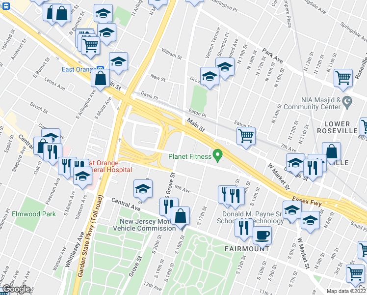 map of restaurants, bars, coffee shops, grocery stores, and more near 10 South Grove Street in East Orange