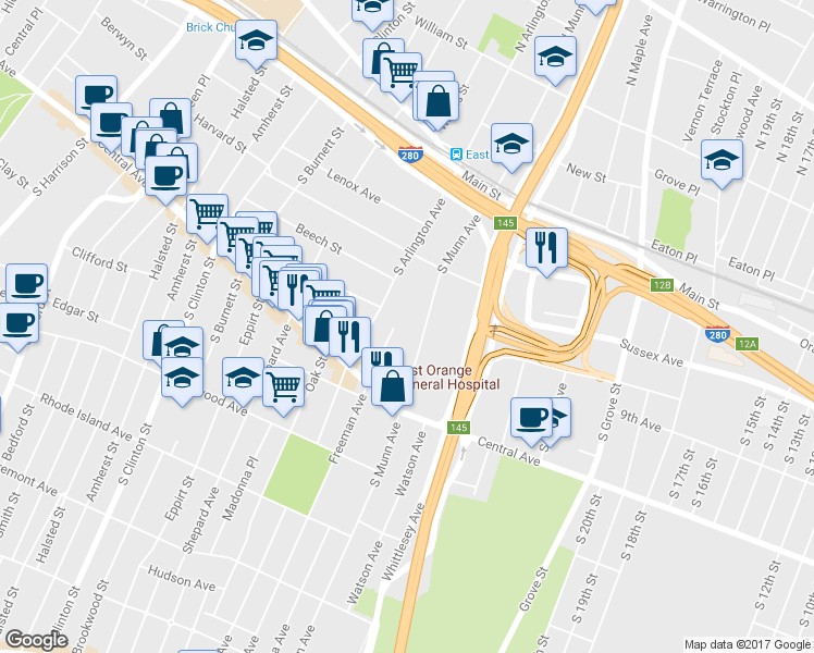 map of restaurants, bars, coffee shops, grocery stores, and more near 55-57 South Munn Avenue in East Orange