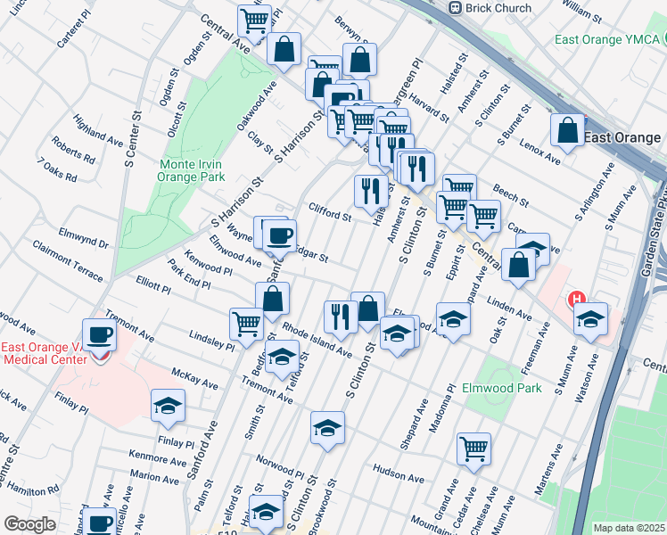 map of restaurants, bars, coffee shops, grocery stores, and more near 47 Irving Street in East Orange
