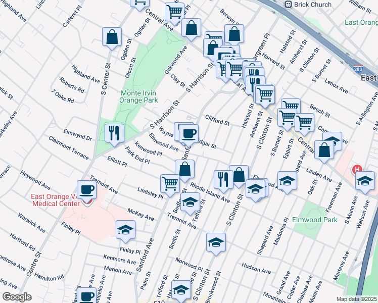 map of restaurants, bars, coffee shops, grocery stores, and more near 150 Sanford Street in East Orange