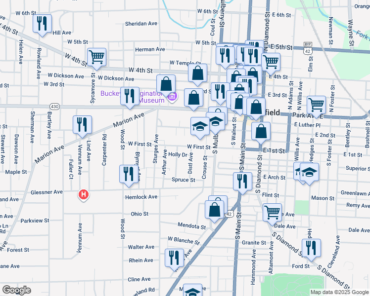 map of restaurants, bars, coffee shops, grocery stores, and more near 150 West First Street in Mansfield