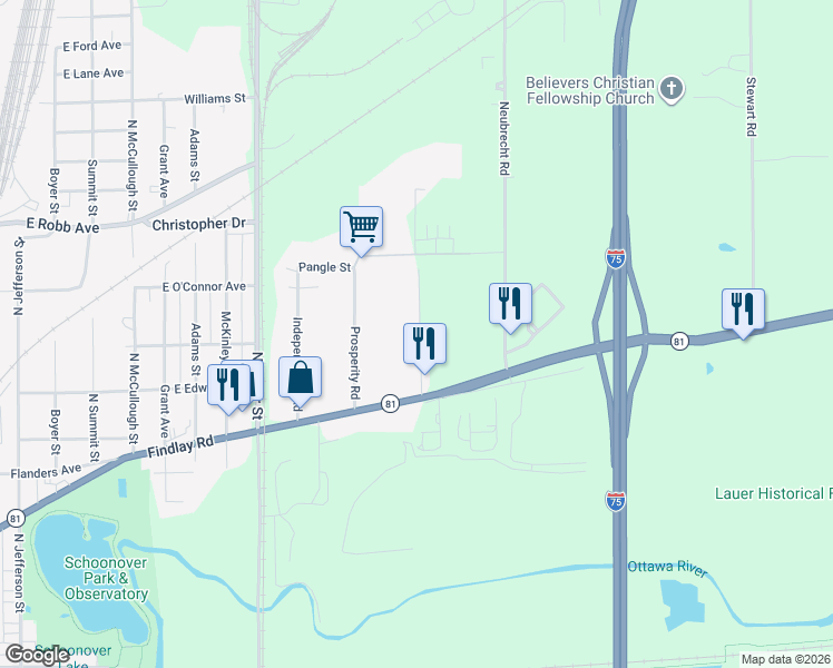 map of restaurants, bars, coffee shops, grocery stores, and more near 1503 Findlay Road in Lima