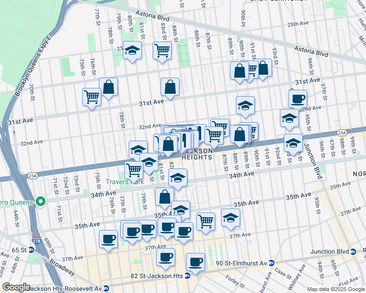 map of restaurants, bars, coffee shops, grocery stores, and more near 32-46 84th Street in Queens