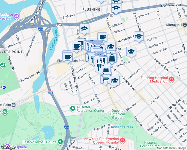 map of restaurants, bars, coffee shops, grocery stores, and more near 133-17 Sanford Avenue in Queens