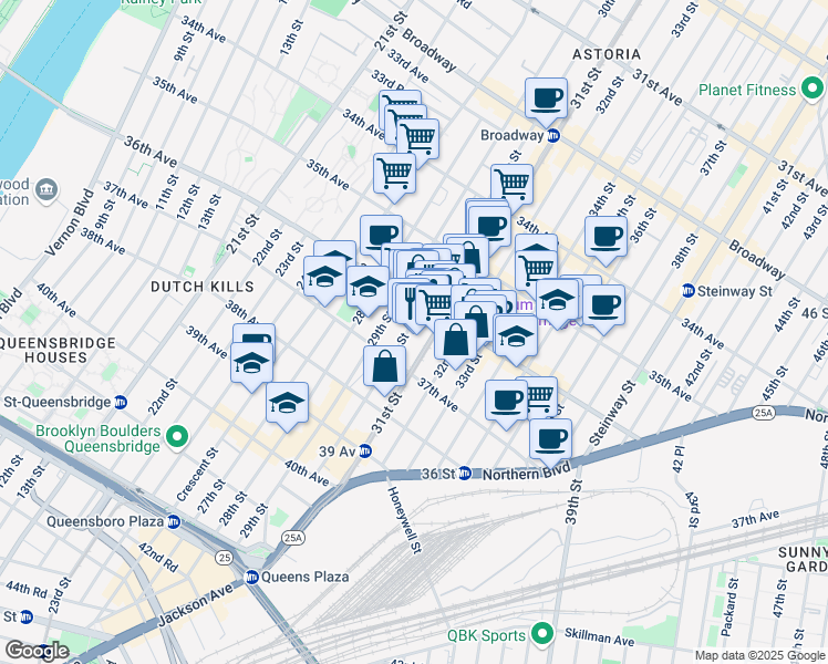 map of restaurants, bars, coffee shops, grocery stores, and more near in Queens