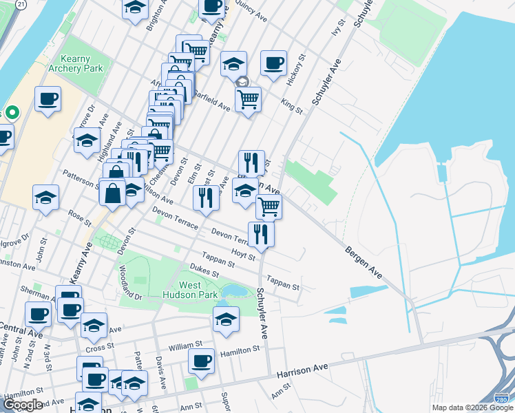 map of restaurants, bars, coffee shops, grocery stores, and more near 41 Ivy Street in Kearny