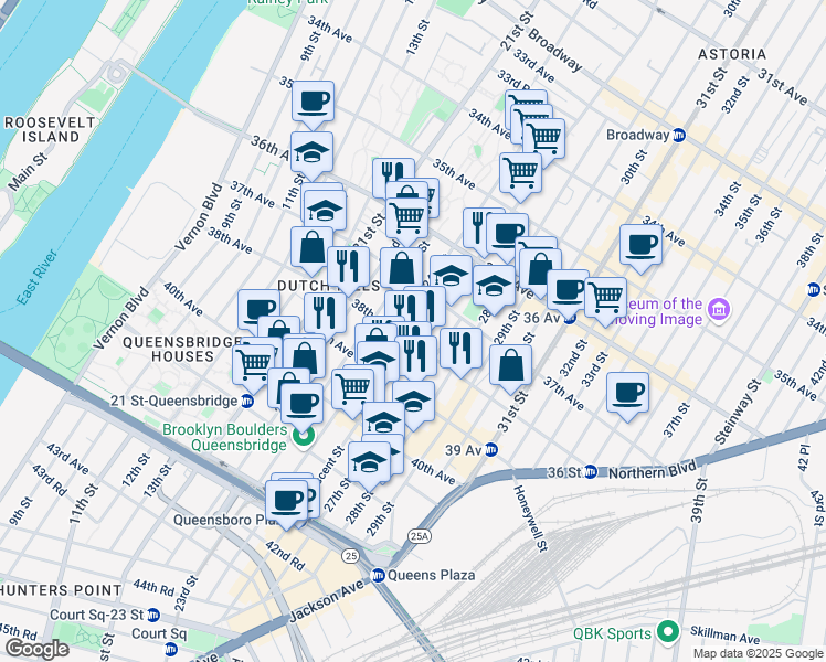 map of restaurants, bars, coffee shops, grocery stores, and more near 37-38 Crescent Street in Queens