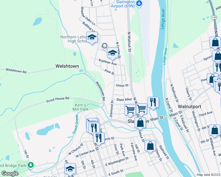 map of restaurants, bars, coffee shops, grocery stores, and more near 345 Diamond Street in Slatington