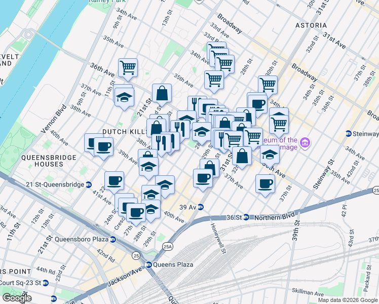 map of restaurants, bars, coffee shops, grocery stores, and more near 27-10 37th Avenue in Queens