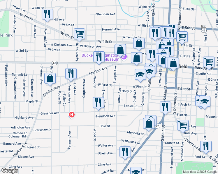 map of restaurants, bars, coffee shops, grocery stores, and more near 227 West First Street in Mansfield