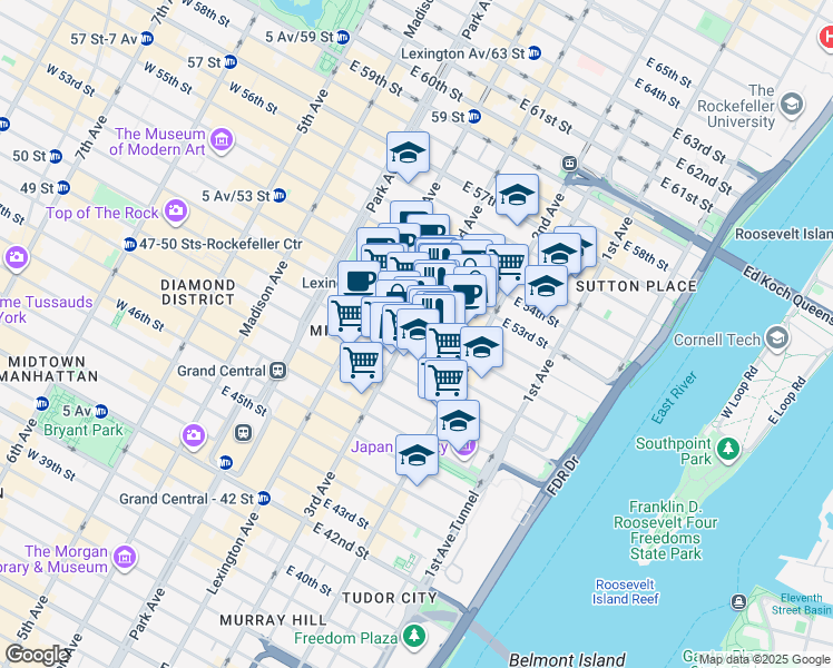 map of restaurants, bars, coffee shops, grocery stores, and more near 835 3rd Avenue in New York